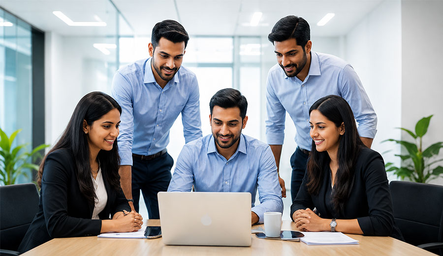 Team meeting around a laptop